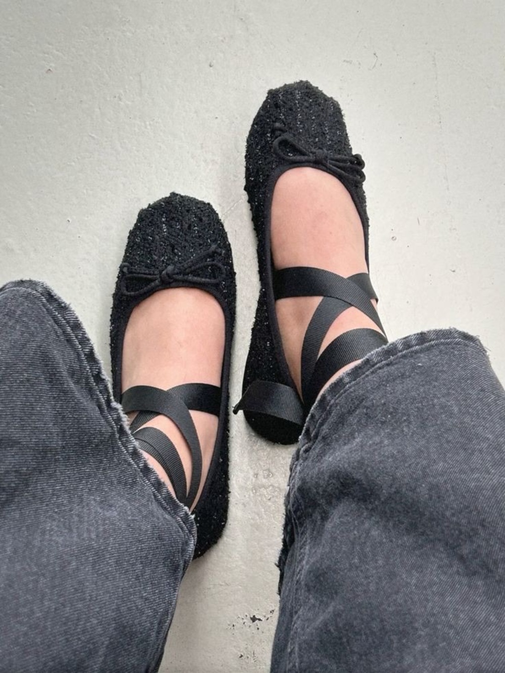 Black texture ribbon Ballet Tie-Up Flats boucle tweed 40